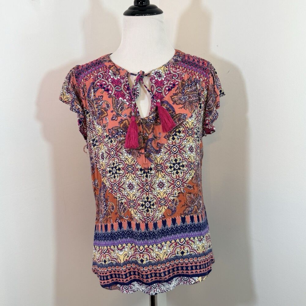 Farmers Market Petite L Fuchsia  Mixed Print Crinkle Silver Peasant Blouse Top